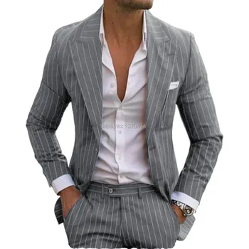 Pánský oblek sako a kalhoty s proužky Barva: Stříbrná, Velikost: 4XL