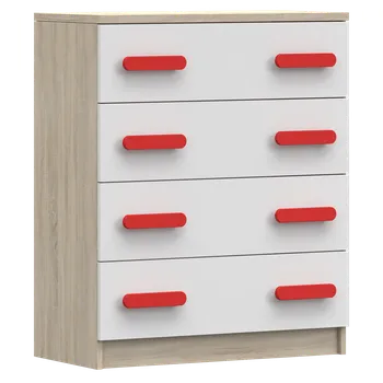 Dětská skříň Nábytek PEGAS s.r.o. Komoda 4S SMYK III - 02, Dub Sonoma/Bílá/Červená