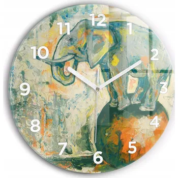 Hodiny Čtvercové Skleněné Nástěnné Hodiny s Grafikou Malovaná Postava Slona průměr 30 cm