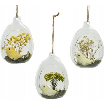 Velikonoční dekorace Závěsná Dekorace skleněné vajíčko s žlutým ptáčkem a květy