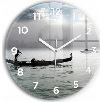 Hodiny Minimalistické Skleněné Nástěnné Hodiny s Grafikou Gondoly v Benátkách fi30 cm