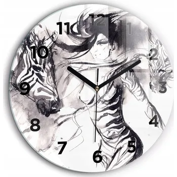 Hodiny Skleněné foto hodiny na zeď Žena a zebry kulatý černé ručičky průměr 60 cm