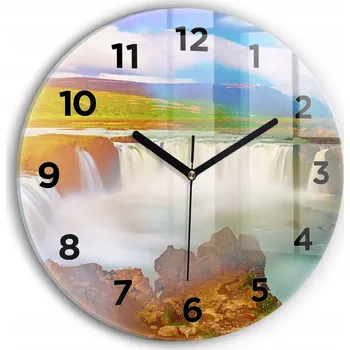 Hodiny Moderní skleněné nástěnné hodiny s potiskem Godafoss, Island, průměr 30 cm