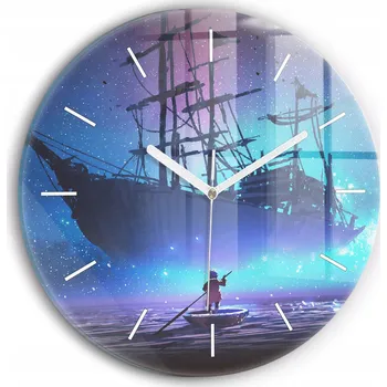 Hodiny Minimalistické Skleněné Nástěnné Hodiny s Motivem Plachetnice Fantasy fi30 cm