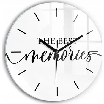 Hodiny Moderní skleněné nástěnné hodiny s potiskem Nápis Memories kulatý průměr 30 cm