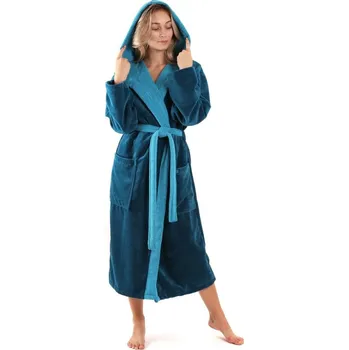 Dámský župan Dámský dlouhý savý župan s kapucí TAMPA duo petrolejová - XL