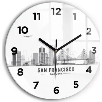 Hodiny Čtvercové Skleněné Nástěnné Hodiny s Grafikou Panorama San Francisca fi60 cm