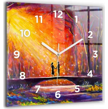 Hodiny Čtvercové Skleněné Nástěnné Hodiny do Obýváku s Grafikou Pár v lese 60x60 cm