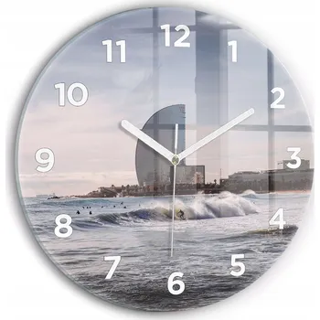 Hodiny Moderní skleněné hodiny s grafikou na zeď Barcelona Surfer kulatý průměr 30 cm