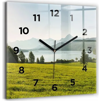 Hodiny Skleněné nástěnné hodiny do moderního interiéru s grafikou Hory a pole 30x30 cm
