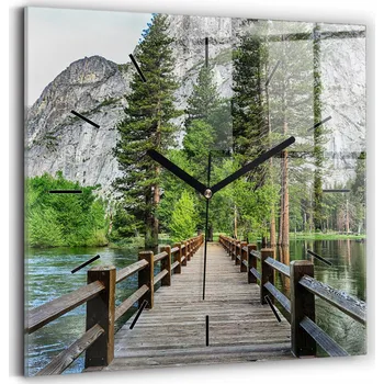 Hodiny Čtvercové skleněné nástěnné hodiny do kanceláře Dřevěný most Yosemite 30x30 cm