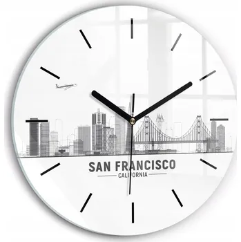 Hodiny Čtvercové Skleněné Nástěnné Hodiny s S Potiskem Panorama San Francisco průměr 30 cm