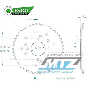 Řetězová sada pro motocykl Rozeta ocelová (převodník) 13018-53zubů ESJOT 50-13018-53 - Derbi Fenix50+Senda50 / 96-97 + SM50 Classic Super Motard / 97-99 50-13018-53