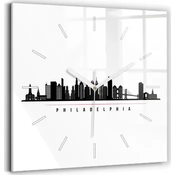 Hodiny Nástěnné čtvercové skleněné hodiny do obýváku Ilustrace Philadelphia 30x30 cm