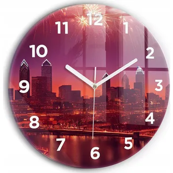 Hodiny Moderní skleněné nástěnné hodiny Město v noci ve Philadelphii kulatý průměr 30 cm