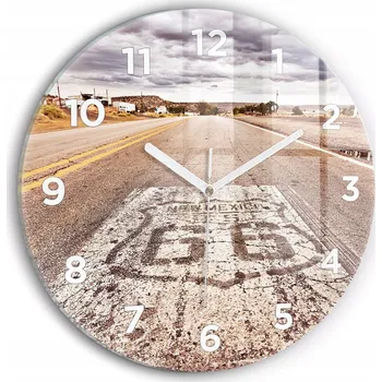 Hodiny Moderní skleněné nástěnné hodiny s potiskem Route 66 USA, kulatý, průměr 30 cm