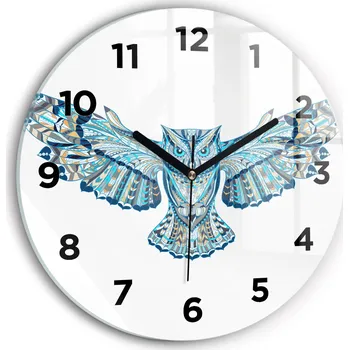 Hodiny Moderní skleněné nástěnné hodiny s potiskem Sova v letu kulatý průměr 30 cm