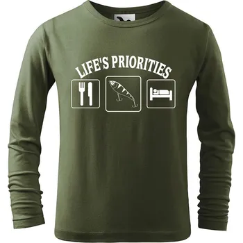 Dětská móda DOBRÝ TRIKO Dětské bavlněné triko Životní priority rybáře Velikost: 146/10 let, Barva: Khaki