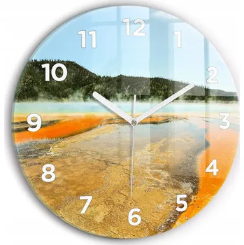 Hodiny Moderní skleněné hodiny s grafikou na zeď Jezero s horami kulatý průměr 30 cm