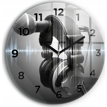 Hodiny Nástěnné skleněné hodiny do moderního interiéru Mikrofon a Sluchátka průměr 60 cm