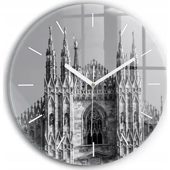 Hodiny Skleněné nástěnné hodiny do obýváku s motivem Katedrály Duomo v Miláně, průměr 30 cm