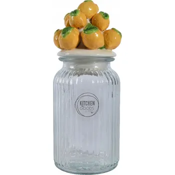 Dóza na potraviny ZAVAŘOVACÍ SKLENICE Skleněná dóza s víčkem, vroubkovaná, dekorace CITRONY, 27 cm