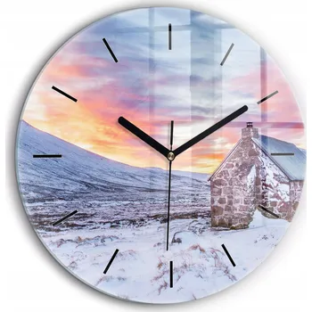 Hodiny Tiché skleněné nástěnné hodiny Domek v horách kulatý černé ručičky průměr 60 cm