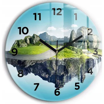 Hodiny Tiché skleněné nástěnné hodiny Létající ostrov černé ručičky kulatý průměr 60 cm