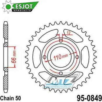Řetězová sada pro motocykl Rozeta ocelová (převodník) 0849-38zubů ESJOT 50-35033-38 - Yamaha RD250 DXD / 77-78 + RD400 DX / 76-77 + RD400 (USA) / 76-78 + XS360 (USA) / 76-77 95-0849-38-ES