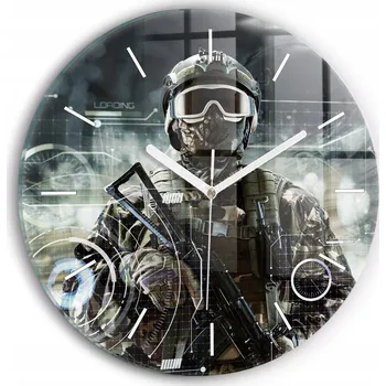 Hodiny Foto Skleněné Hodiny Nástěnné Do Moderních Interiérů Voják se zbraní průměr 30 cm