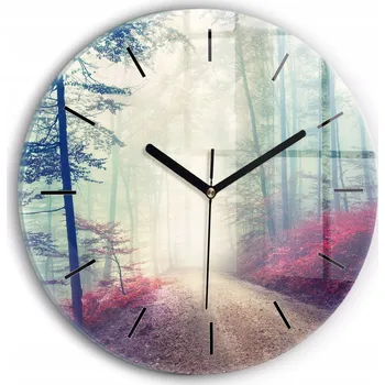 Hodiny Moderní skleněné hodiny s grafikou na zeď Podzimní cesta Les Mlha průměr 30 cm
