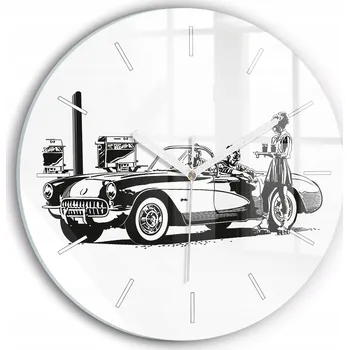 Hodiny Moderní skleněné hodiny s grafikou na zeď Retro Ilustrace kulatý průměr 30 cm