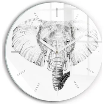 Hodiny Moderní skleněné nástěnné hodiny s potiskem Grafická hlava slona průměr 30 cm