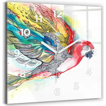Hodiny Skleněné nástěnné hodiny do kanceláře S Potiskem Barevný papoušek v letu 30x30 cm