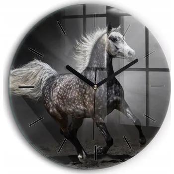 Hodiny Čtvercové Skleněné Nástěnné Hodiny do Kanceláře s Motivem Běžícího Koně fi60 cm