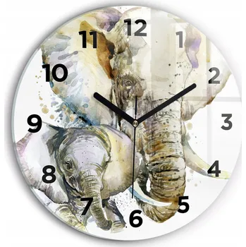 Hodiny Moderní skleněné nástěnné hodiny Malované zvířata sloni kulatý průměr 30 cm