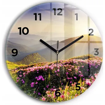 Hodiny Moderní skleněné nástěnné hodiny s potiskem Horská krajina kulatý průměr 30 cm
