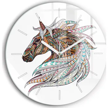 Hodiny Skleněné foto hodiny na zeď Ilustrace koně kulatý bílé ručičky průměr 60 cm