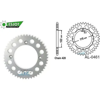 Řetězová sada pro motocykl Rozeta řetězová (převodník) Dural 0461-53zubů ESJOT 51-13015-53 - barva stříbrná - Kawasaki KX80 / 86-00 + KX85 / 01-20 + KX100 / 95-21 AL-0461-53-ES