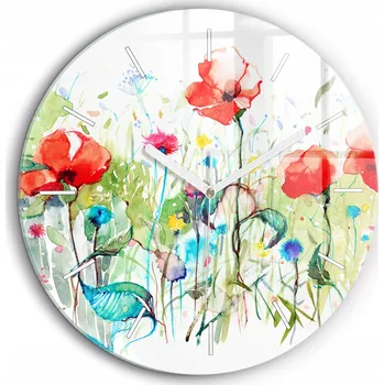 Hodiny Čtvercové Skleněné Nástěnné Hodiny do Kanceláře s Grafikou Květiny na louce fi60 cm