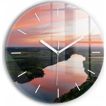Hodiny Kulatý Skleněné Nástěnné Hodiny do Kanceláře s Grafikou Výhled na jezero průměr 30 cm