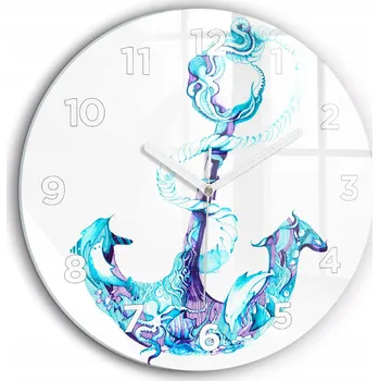 Hodiny Čtvercové Skleněné Nástěnné Hodiny do Obývacího Pokoje s Motivem Mořská Kotva fi60 cm