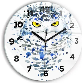 Hodiny Moderní skleněné hodiny s grafikou na zeď Sova pohled kulatý průměr 30 cm