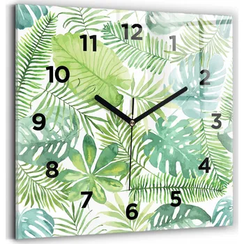Hodiny Čtvercové skleněné nástěnné hodiny do kanceláře se vzorem zelených listů 30x30 cm