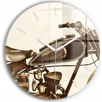 Hodiny Nástěnné čtvercové skleněné hodiny do kanceláře Sepia Vintage motorka fi30 cm
