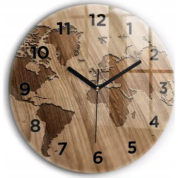 Hodiny Tiché nástěnné hodiny Mapa světa na dřevě, černé ručičky, kulatý fi 60 cm