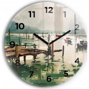 Hodiny Moderní skleněné hodiny s grafikou na zeď Rybářské lodě v přístavu průměr 30 cm