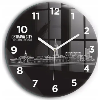 Hodiny Skleněné nástěnné hodiny se stylovým potiskem Město Ostrava kresba průměr 30 cm