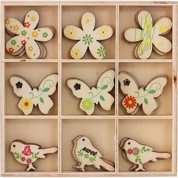 Obraz DŘEVĚNÉ OZDOBY krabička Ptáci a motýli Přírodní sada 27 MULTIVÁRNÝCH KUSŮ