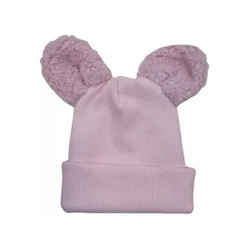 Kojenecký body Dvouvrstvá žebrovaná čepička s oušky medvídek - růžová; 56/62 (0-3m)